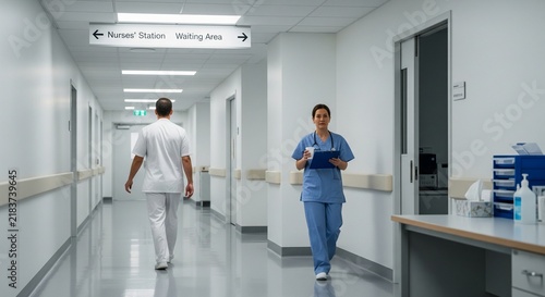 Medical professionals walking in hospital hallway one holding clipboard and coffee cup