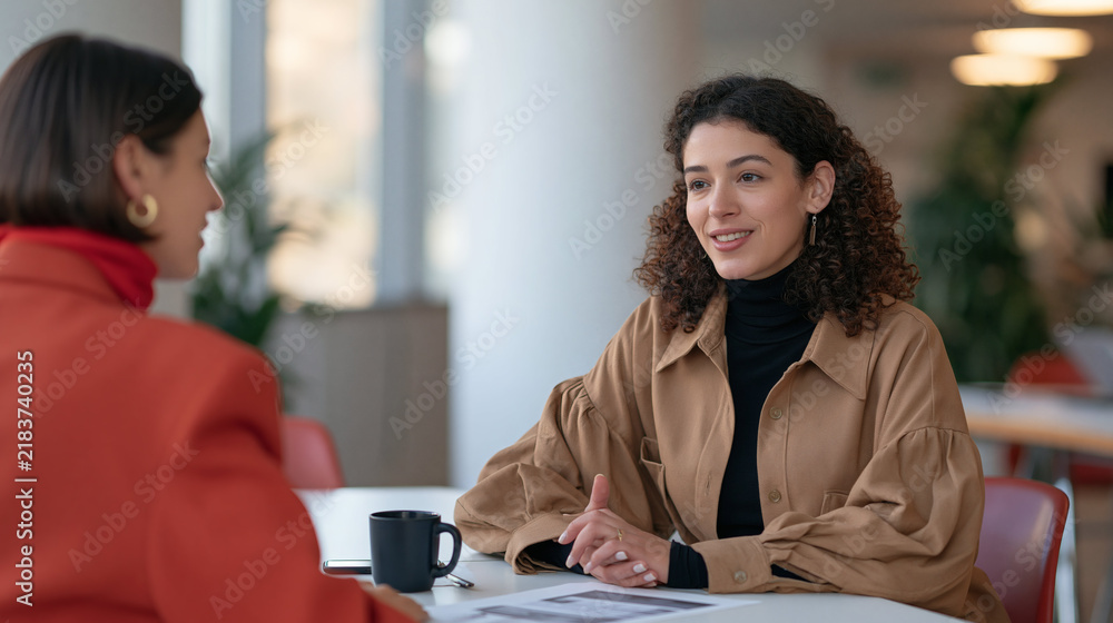 Obraz premium Interview in progress: Two women in professional attire engage in a conversation, likely during a job interview, with one woman actively listening and the other speaking.
