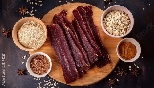 beef jerky strips arranged on a wooden board with spices and oats