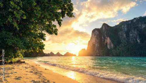 Tropical Beach Sunset View Through Forest Trees