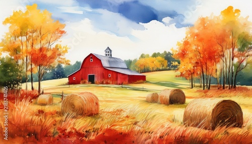watercolor painting of a red barn in a field of hay bales surrounded by trees with fall foliage