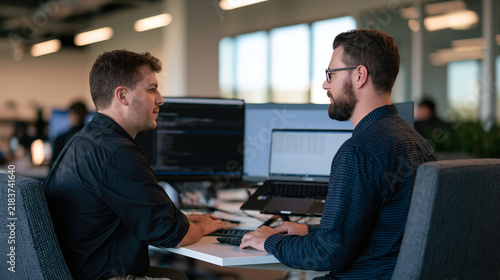 Colleagues Collaborating at Desks: Two colleagues, each with a focused expression, work side-by-side at modern office desks, surrounded by computers and the gentle hum of productivity.