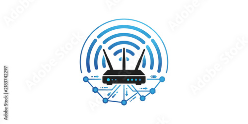 Cuadro en lienzo Wireless router network icon with blue connectivity mesh for data access
