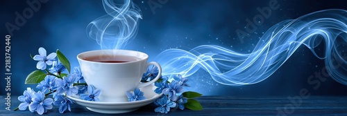 Steaming cup of tea with blue flowers and ethereal blue light waves on a dark blue background