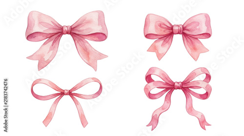 Set of four cute pink watercolor ribbon bows