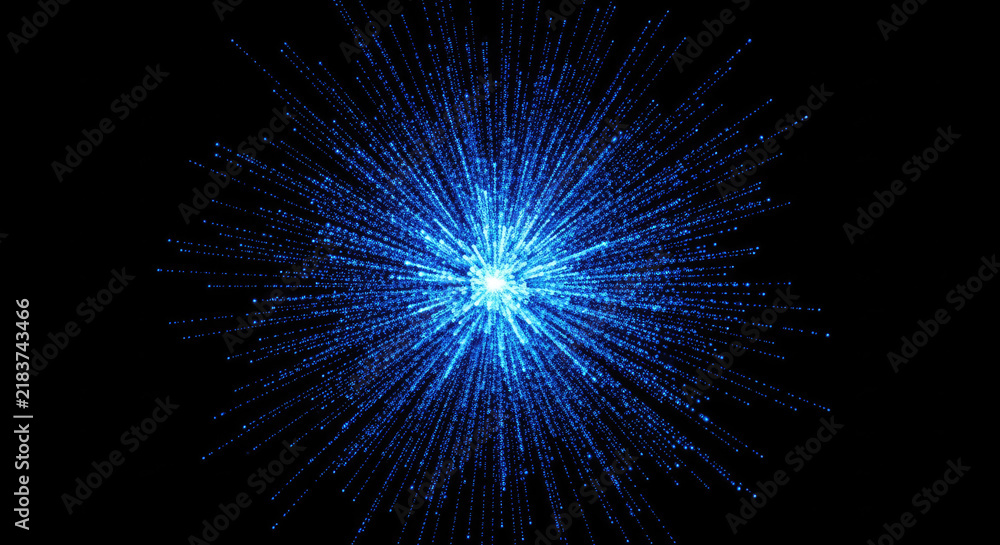 Fototapeta premium A brilliant blue explosion radiates outward from a central point. Numerous tiny, shimmering particles stream away from the core, creating a dynamic and energetic visual effect.