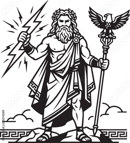 Zeus Greek god of sky holding lightning bolt and eagle staff vector illustration isolated