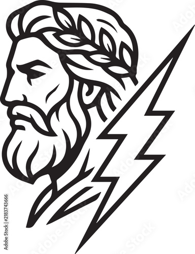 Zeus Greek god profile portrait mascot with lightning bolt vector illustration isolated