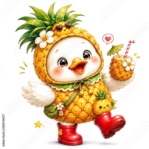 Cute Summer Duck Character in Pineapple Outfit with Tropical Beverage