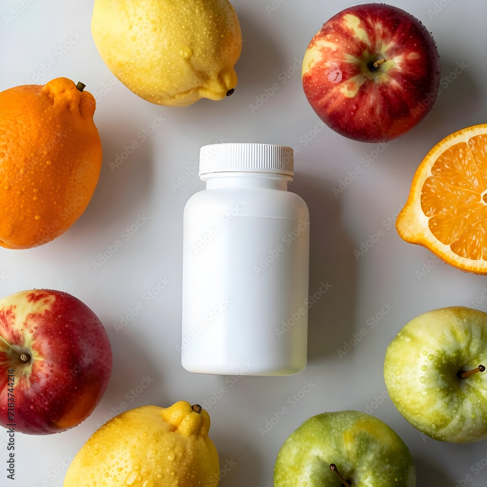 Obraz premium Nutrition and wellness, white pill bottle surrounded by fresh fruits for dietary supplements and healthy lifestyle choices on a neutral background
