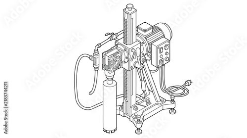 Isometric Line Art of Industrial Concrete Core Drill Machine