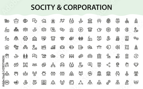 Society and Corporation icon set. Professional icons illustration featuring international corporate expansion and social progress goals.