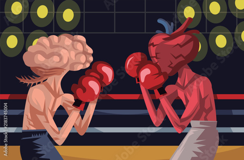 boxers with brain and heart heads fighting between logic and emotion