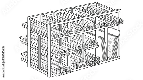Wood Lumber Storage Rack Illustration - Line Art Workshop Organization