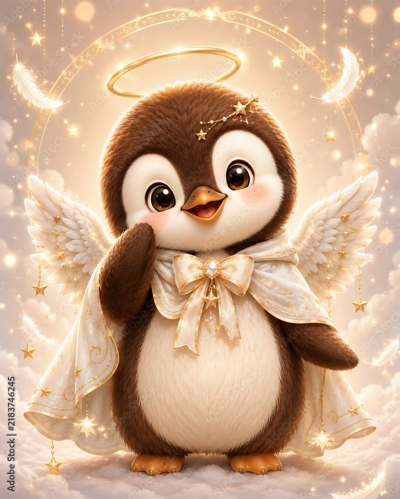 Fototapeta premium Adorable cartoon penguin character wearing white celestial cloak and golden halo