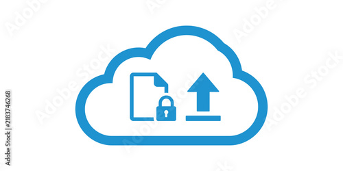 Obraz na płótnie Secure blue cloud upload icon featuring locked document for storage.