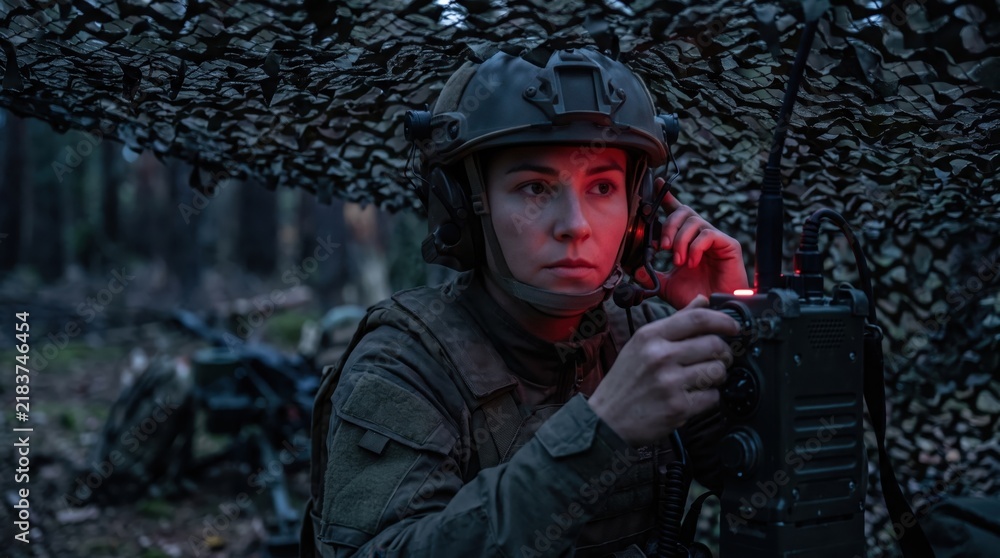 Obraz premium caucasian female soldier using tactical radio under camouflage netting in dark forest. red light illumination. military communication and defense concept. banner, website header.