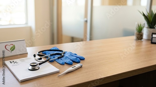 A doctor's desk sits in a bright, modern office. A prescription pad, blue medical gloves, a stethoscope, and a thermometer are arranged on the wooden surface.