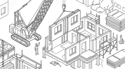 Isometric Modular House Construction Line Art with Crane and Workers