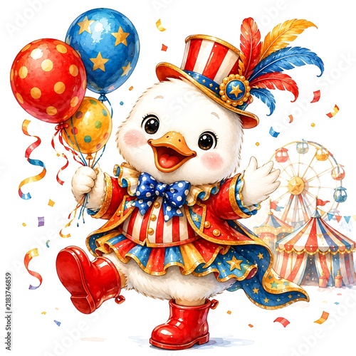 Adorable duckling wearing circus clown suit and party hat, cute artwork