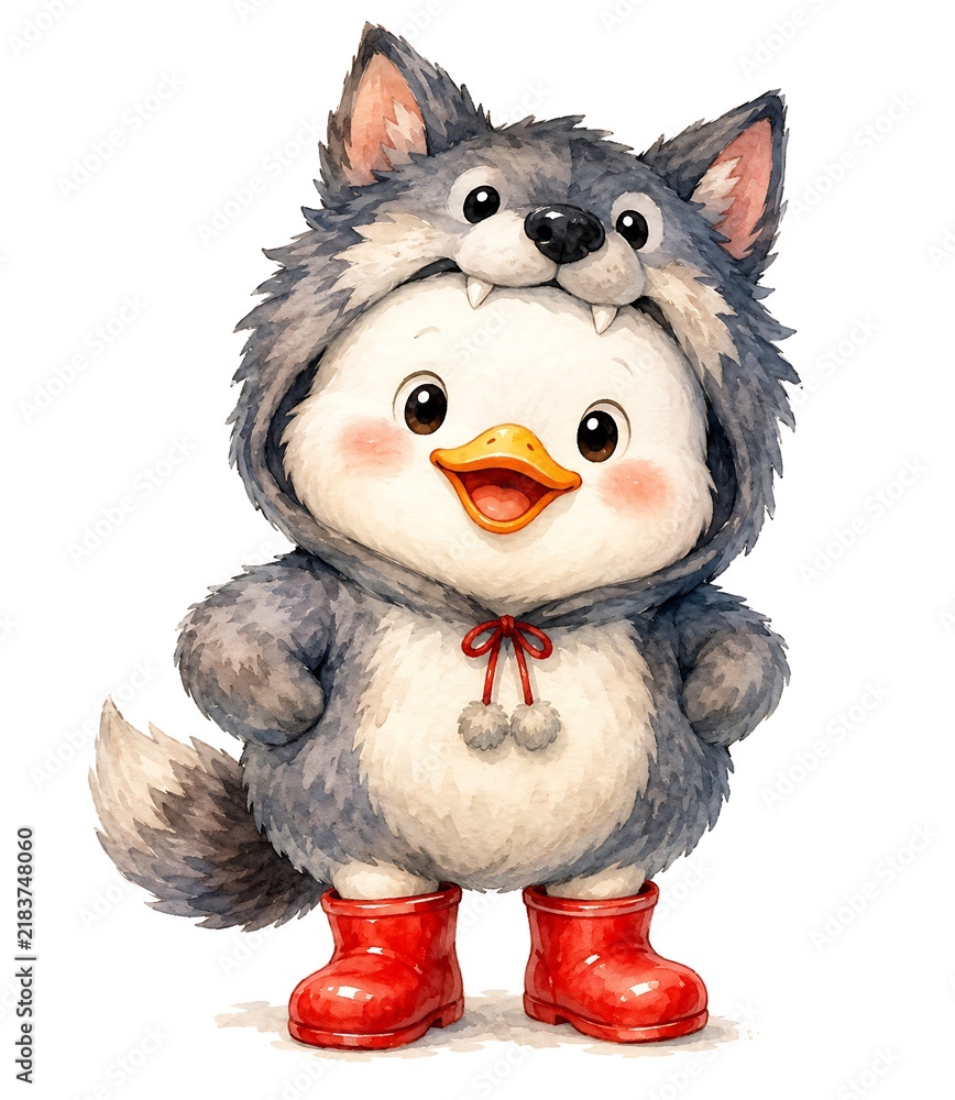 Fototapeta premium Adorable duckling in grey wolf onesie suit with red boots