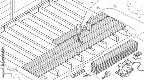 Line Art Illustration of Wooden Deck Construction and Installation Process