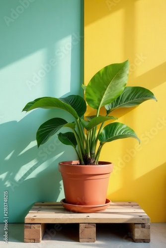 Green plant in pot on rustic wooden pallet against bright wall , image, plant pot, photography