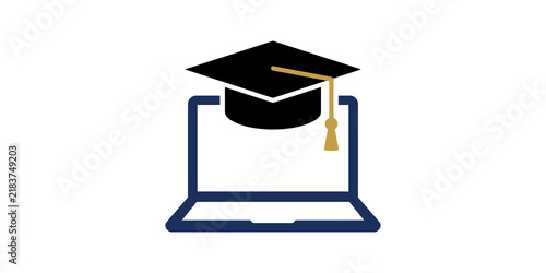 Graduation cap on laptop flat icon for online education distance study.