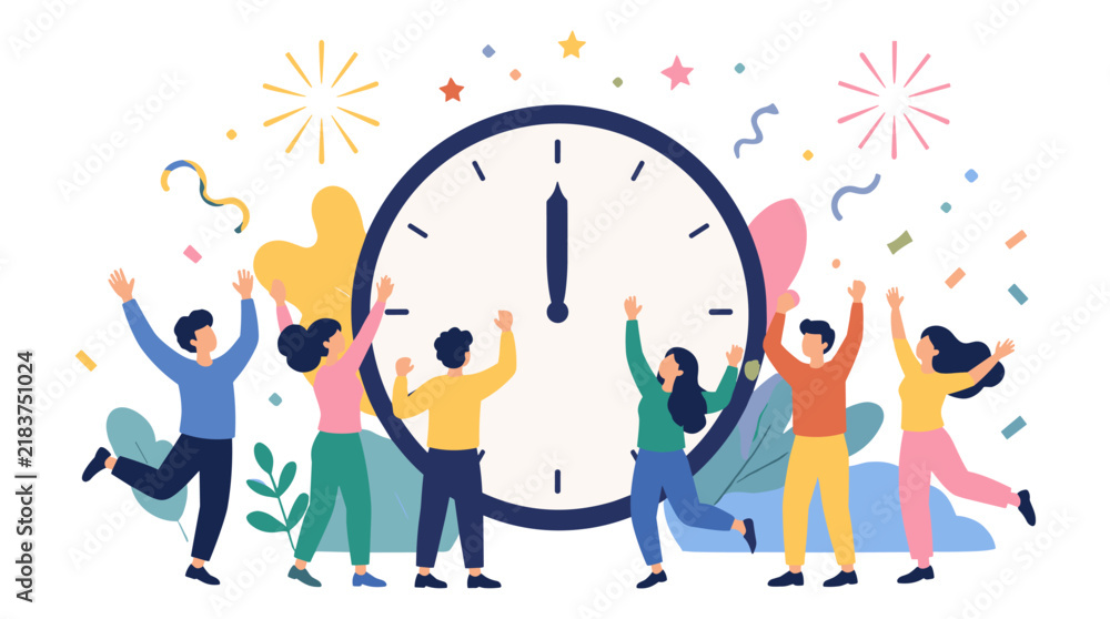Fototapeta premium Celebration with people dancing around a large clock and fireworks