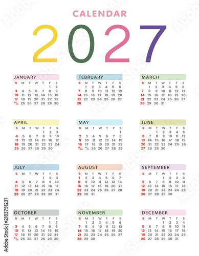 2027 calendar template, yearly planner, simple design with pastel color background.