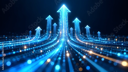 Glowing blue digital arrows rising upwards symbolizing high speed data transfer technological advancement business growth and network connectivity