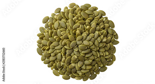 Green pumpkin seeds pile top view isolated on transparent background.