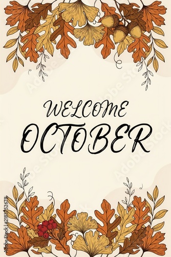 Welcome october with autumn leaves and acorns