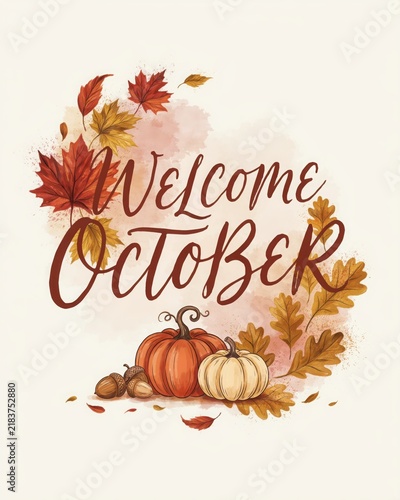 Welcome october with pumpkins and autumn leaves fall