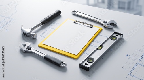Construction tools and a blank clipboard arranged on architectural blueprints for project planning.