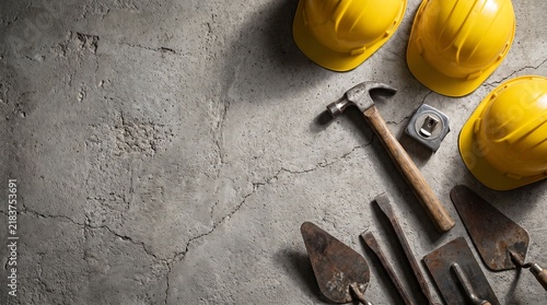 Yellow hard hats and construction tools resting on a textured concrete surface floor.