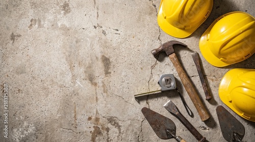 Yellow safety helmets and construction tools arranged on a textured concrete floor background.
