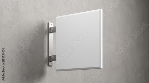 A blank white square sign mounted on a textured concrete wall for branding.