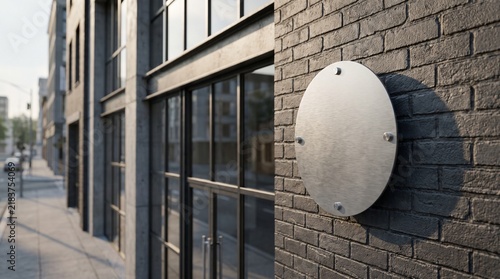 Blank circular metal signage mounted on a modern dark brick building exterior wall.