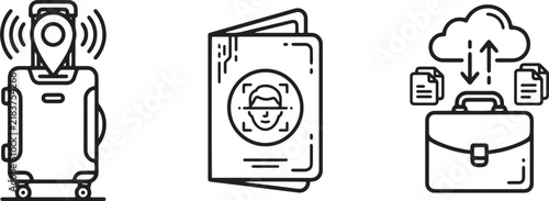 Smart Travel GPS Luggage Biometric Passport Cloud Line Art Icons