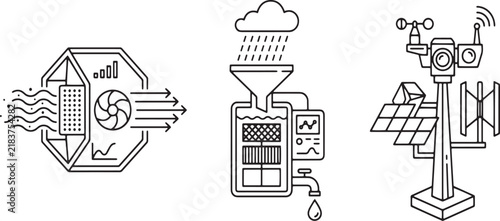 Smart Air Water Filtration Weather Monitoring Station Line Art Icons