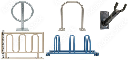 Cuadro en lienzo A collection of modern bike racks in assorted metal shapes and finishes for urban bicycle parking