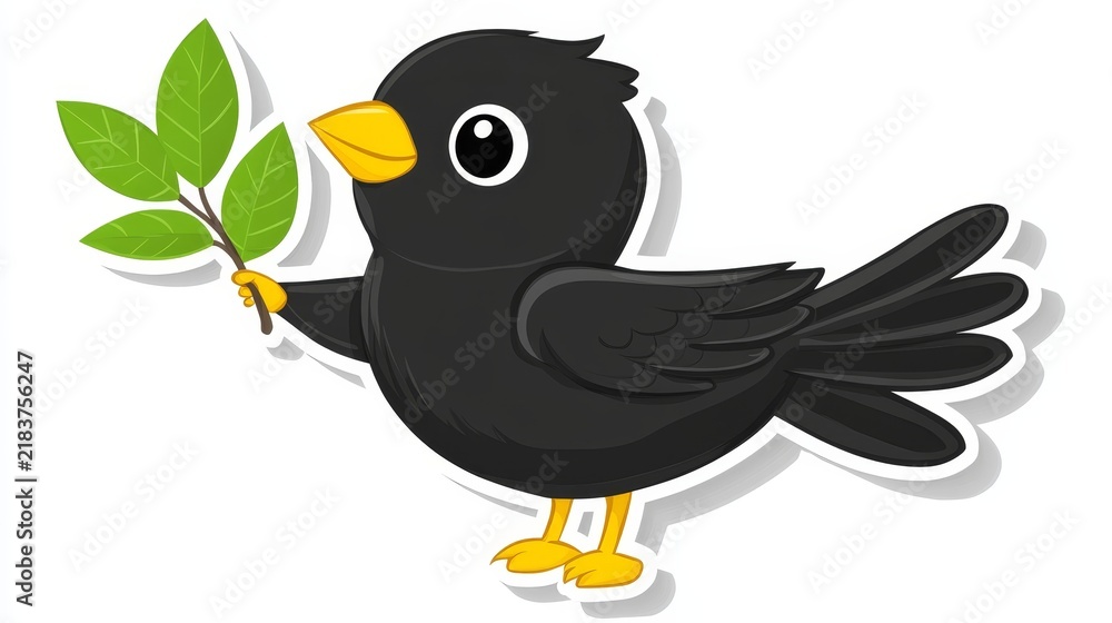 Obraz premium Cute cartoon black bird character holding green leaves illustration black bird holding fresh green leaves in flat style art