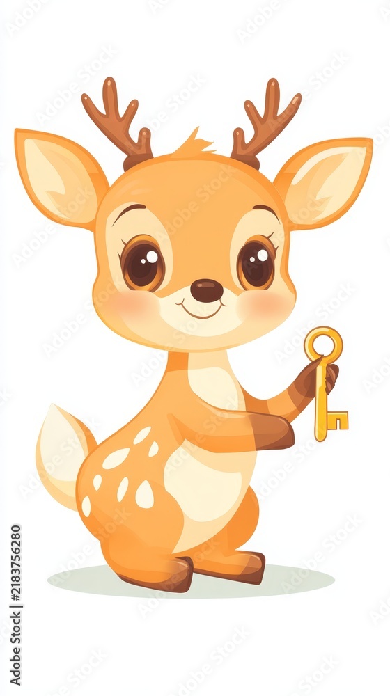 Fototapeta premium Adorable cartoon baby deer character holding golden key illustration cute fawn holding secret gold key whimsical animal character design