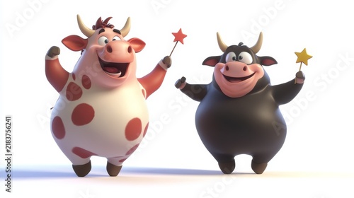 Two cute cartoon bulls jumping with magic star wands illustration happy cartoon cows jumping with magic star wands isolated on white background