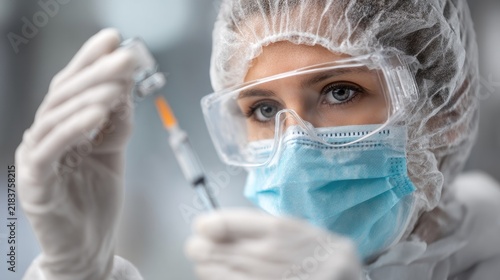A female scientist meticulously prepares a liquid sample within a laboratory setting.