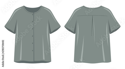 Gray Short Sleeve Button Down Shirt for Women Front and Back View Fashion Technical Drawing Flat Sketch Template