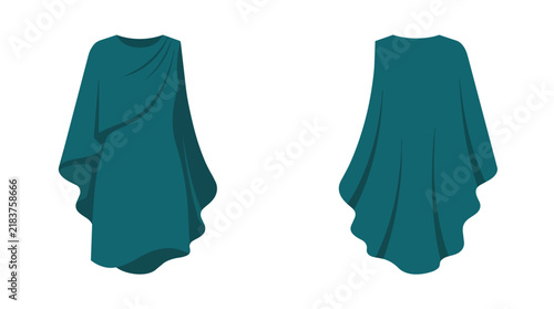 Modern Teal Draped Kaftan Dress with Asymmetric Sleeves Front and Back View for Fashion Design Concepts
