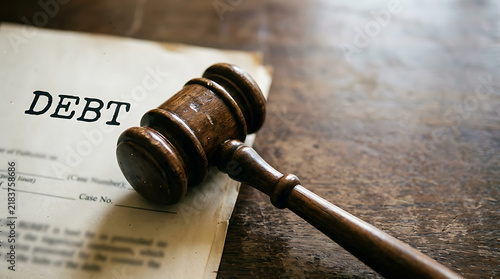Wooden Gavel Placed Over Legal Debt Collection Documentation Indicating Potential Judicial Resolution For Unpaid Financial Obligations