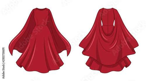 Red Formal Maxi Dress with Long Cape Sleeves Detailed Front and Back Views for Glamorous Female Fashion Concept
